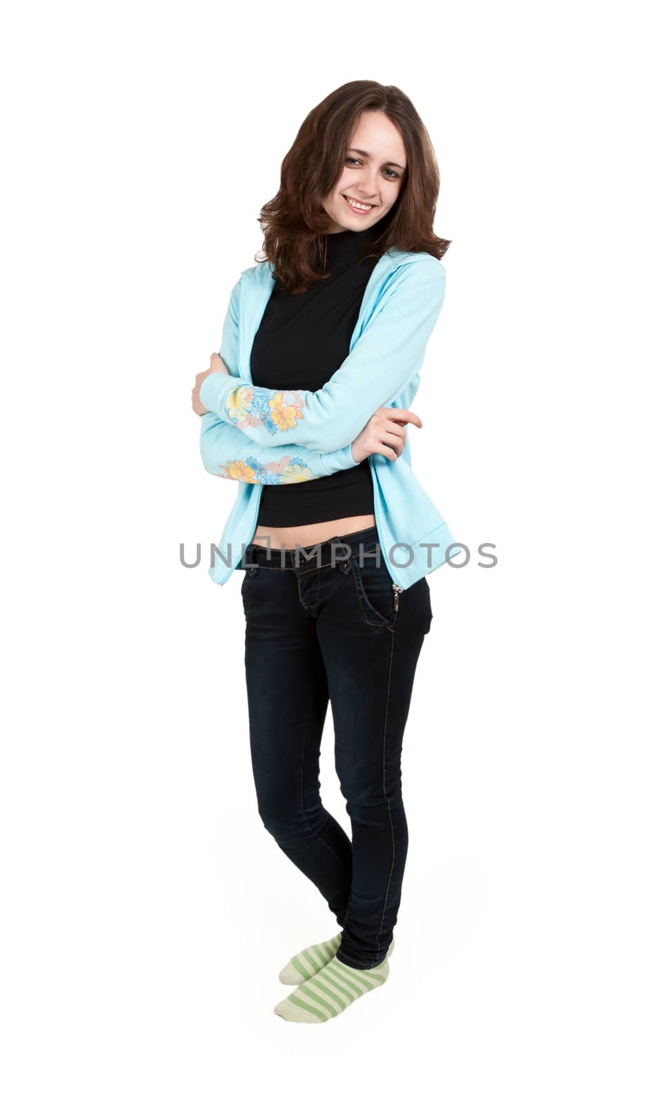 young brunette in a turquoise jacket with a white background