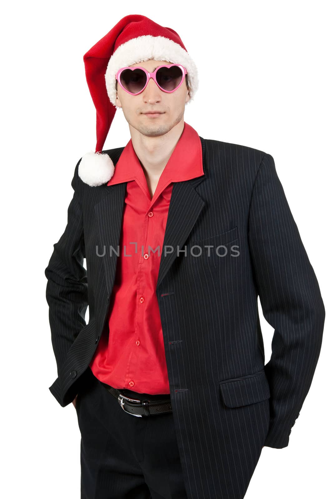businessman in the Santa hat and sunglasses on a white background