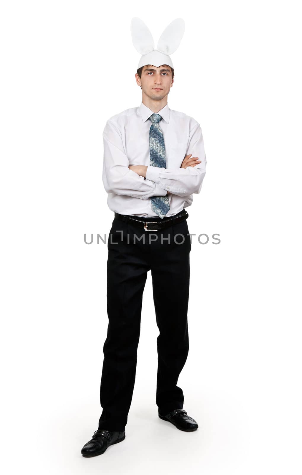 businessman with rabbit ears on a white background