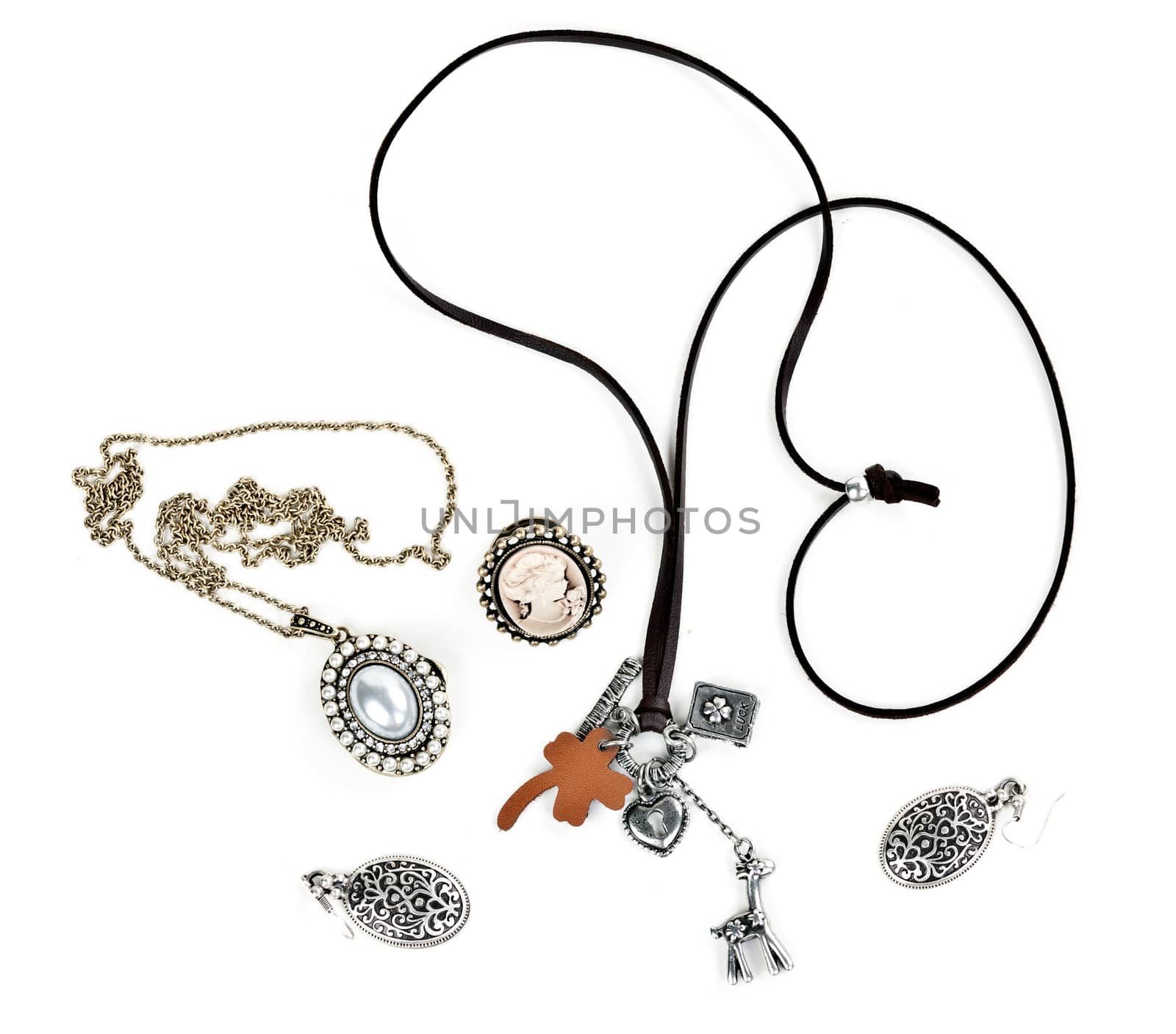necklace with leather strap on a white background