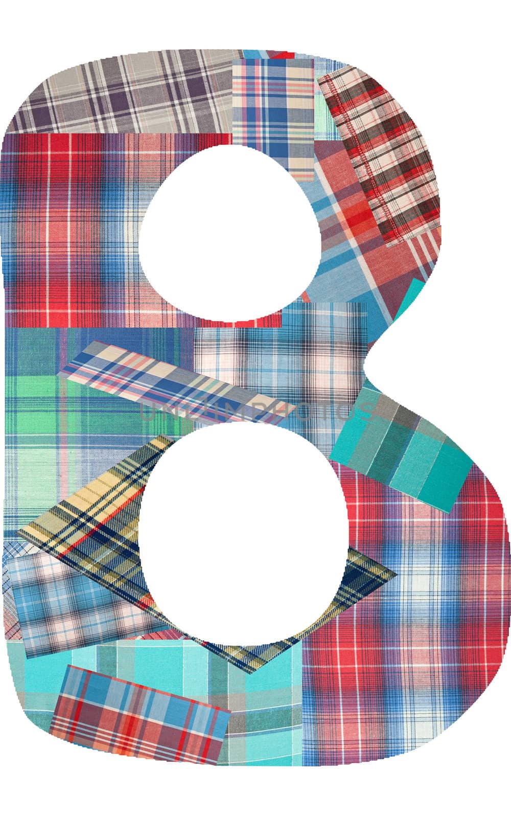 collage letter "B" of the color patches checkered fabric on a white background