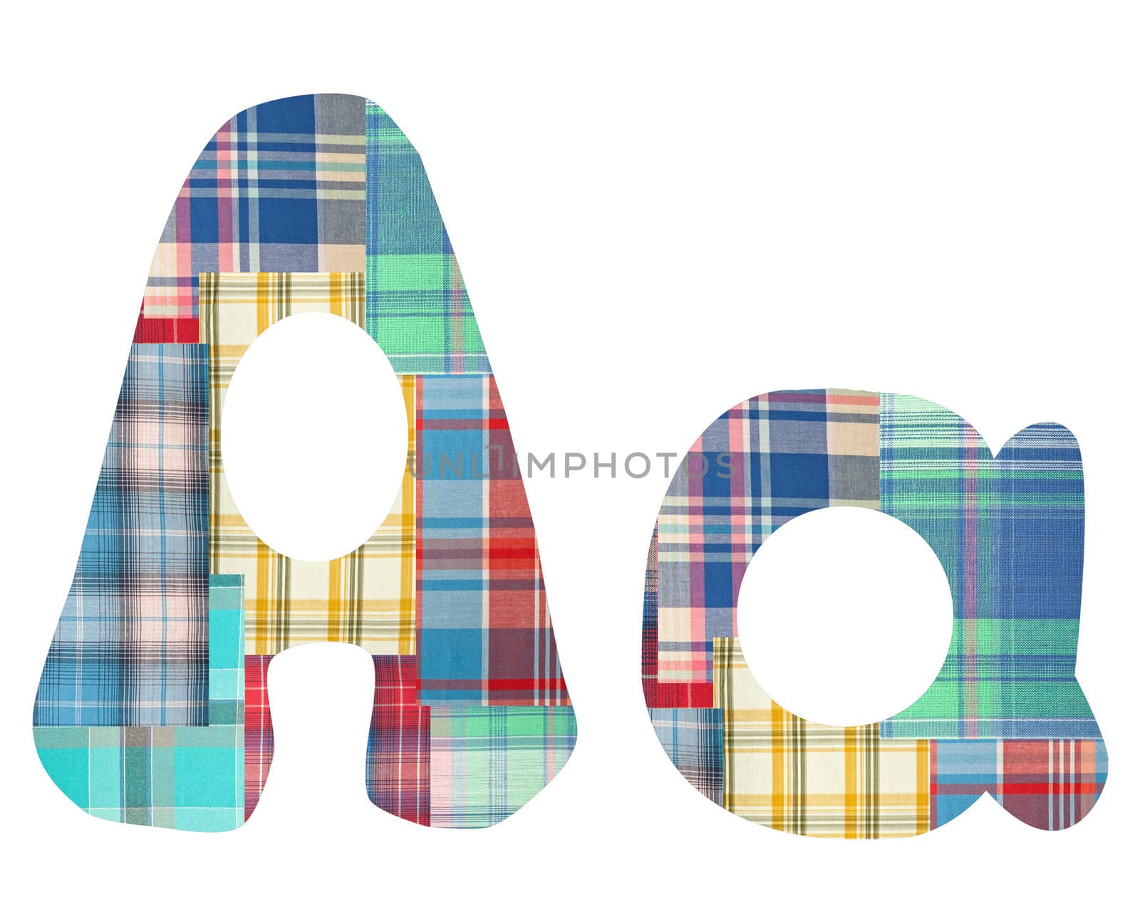 collage letter "A" of the color patches checkered fabric on a white background