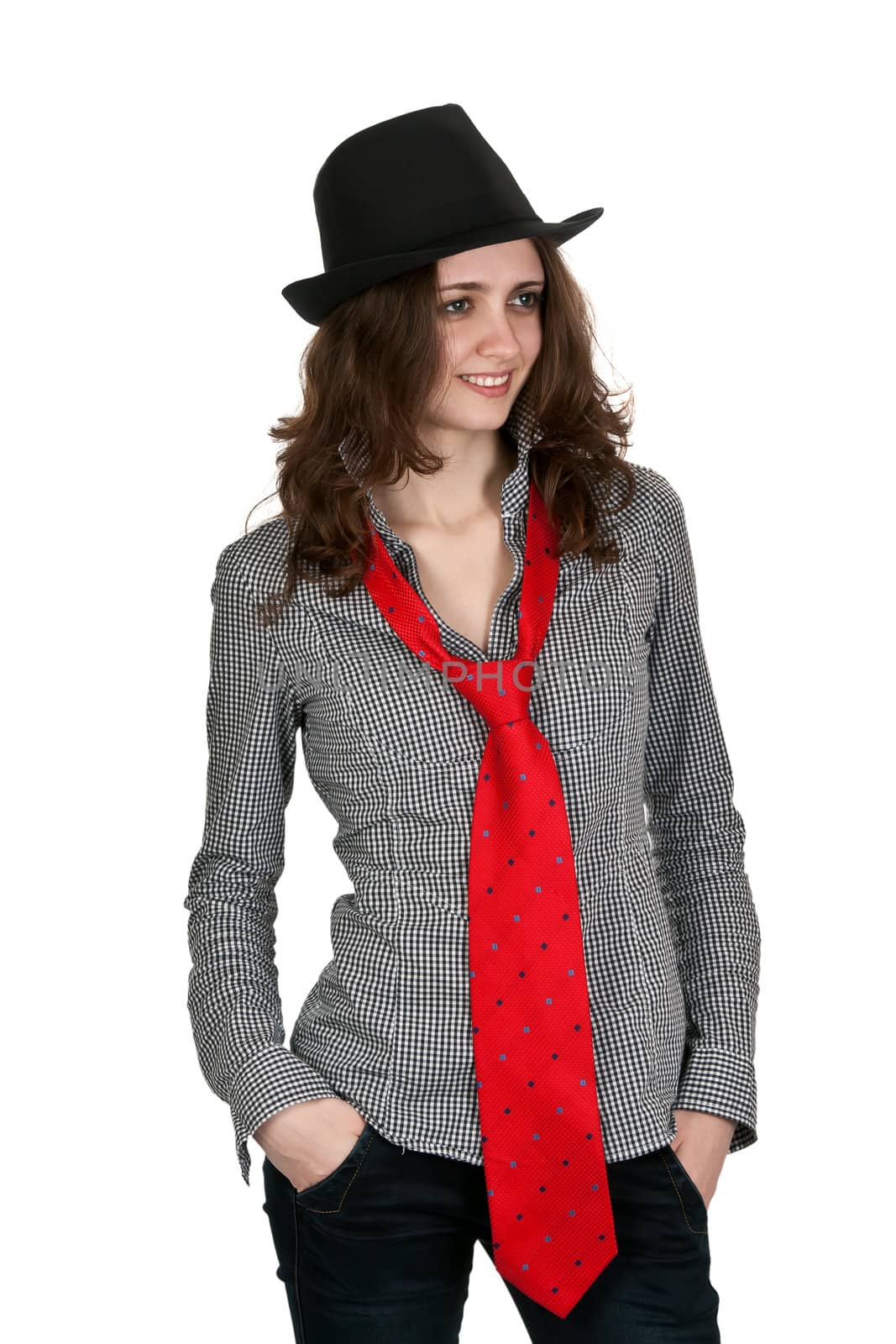 girl in a hat and a red tie on a white background