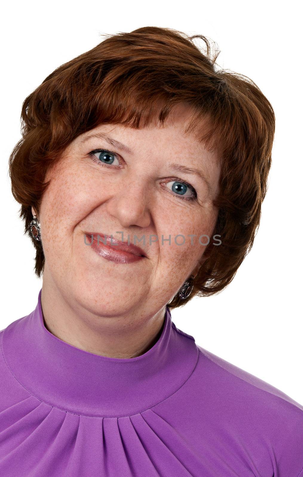 portrait of middle-aged woman closeup on white background