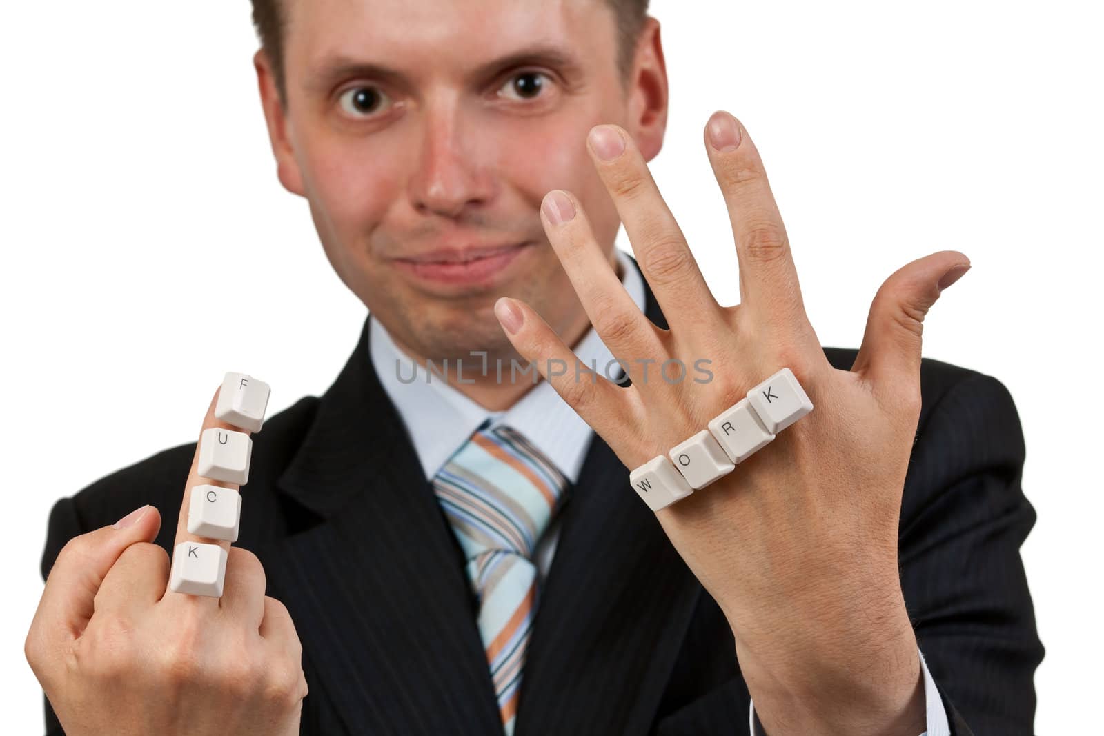 FUCK WORK inscription and of the keys in the hands of businessman