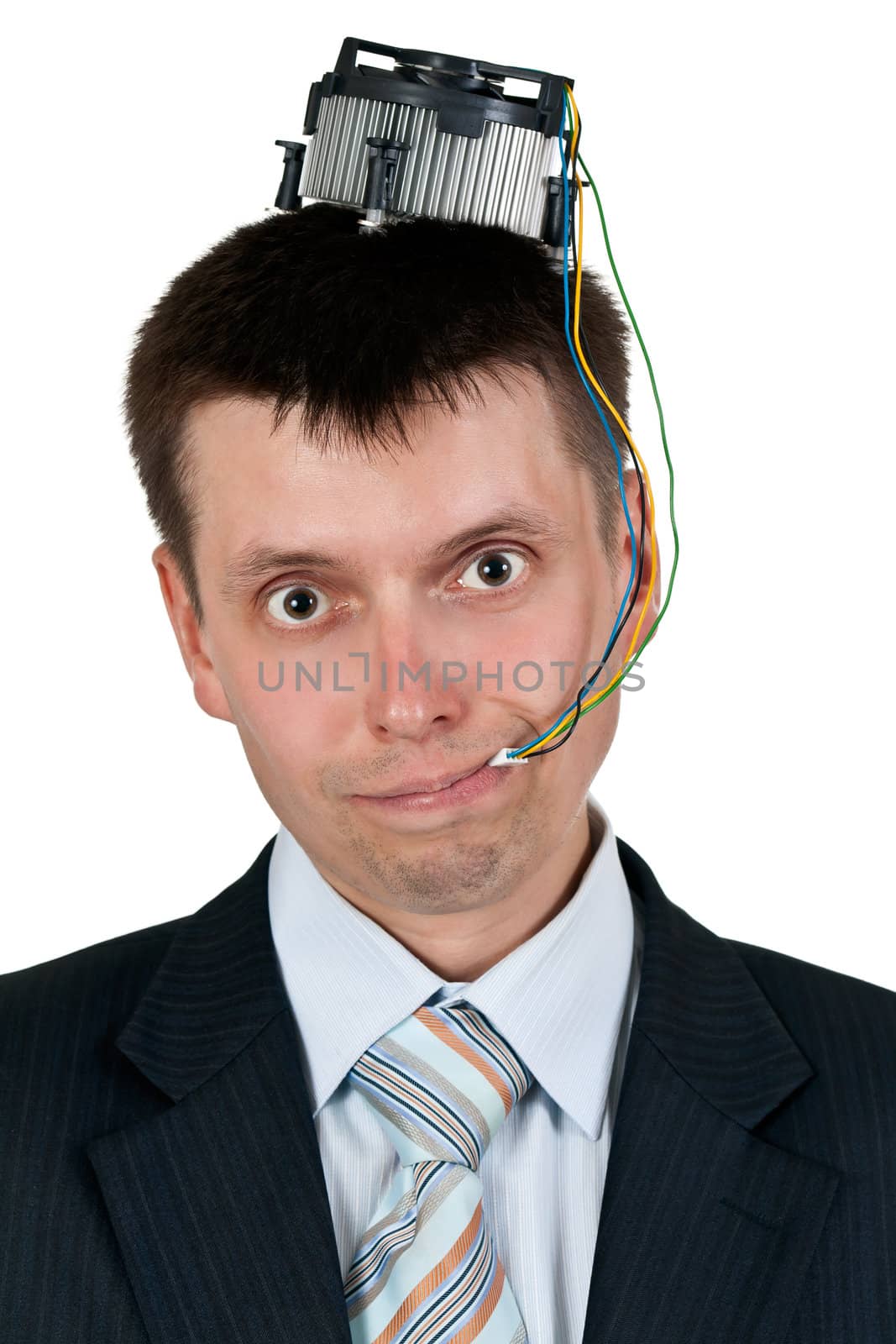 Portrait of businessman with the computer cooler on his head