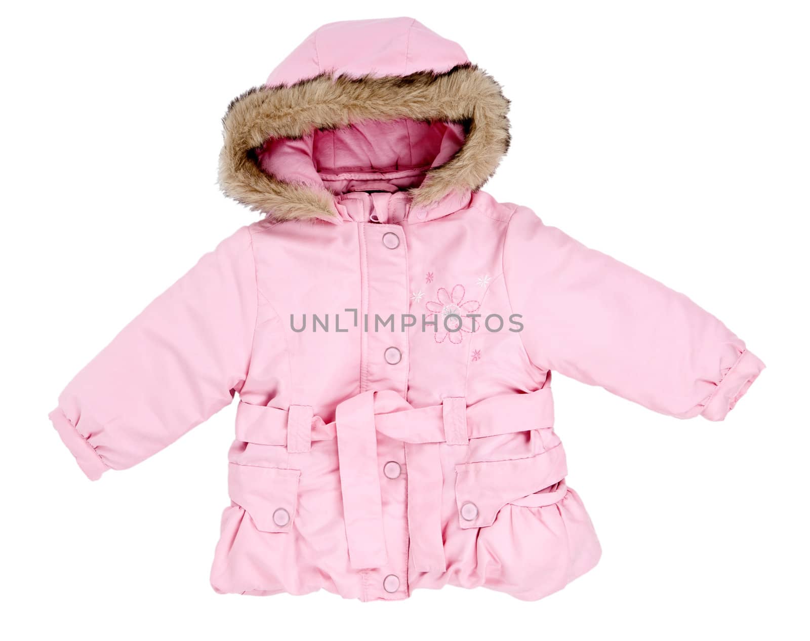 pink winter jacket with fur baby on the hood isolated on a white background