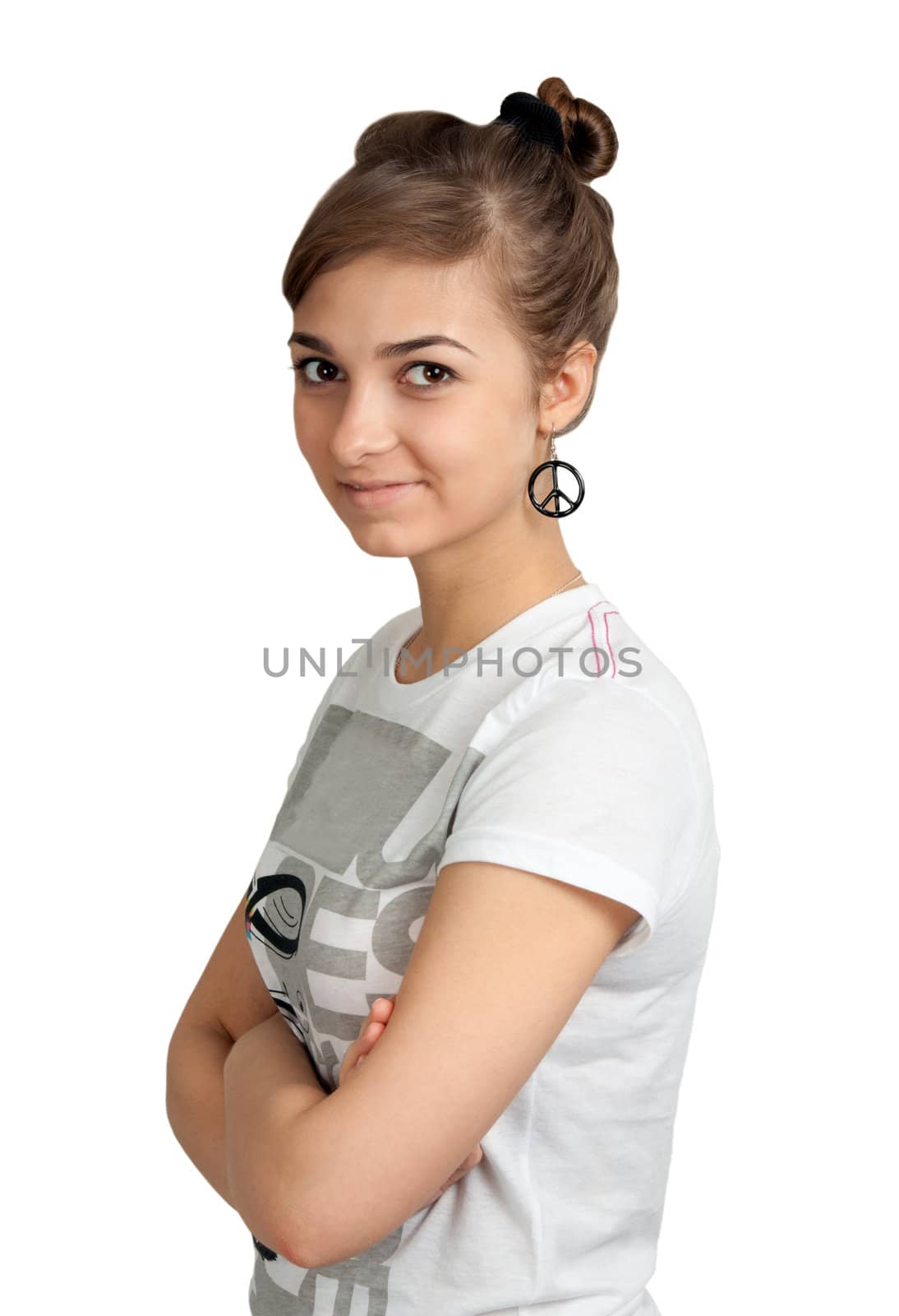 portrait of a girl in a pacifist earrings on a white background