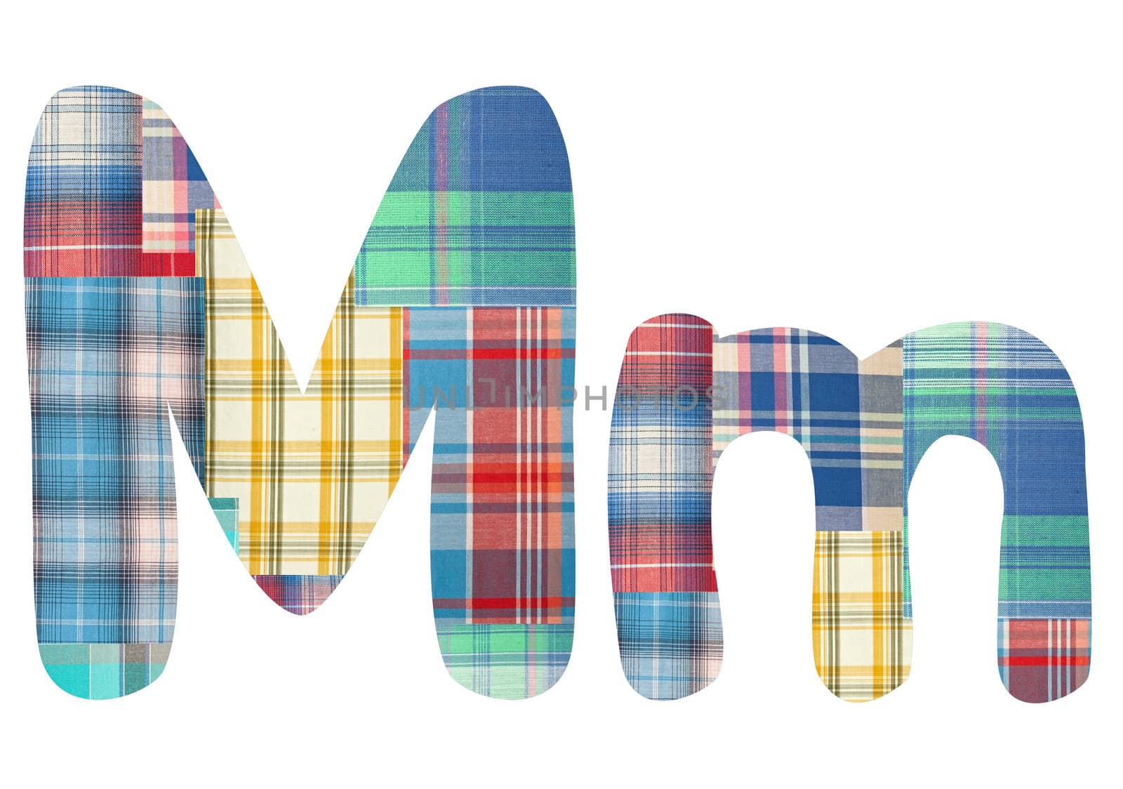 collage letter "M" of the color patches checkered fabric on a white background