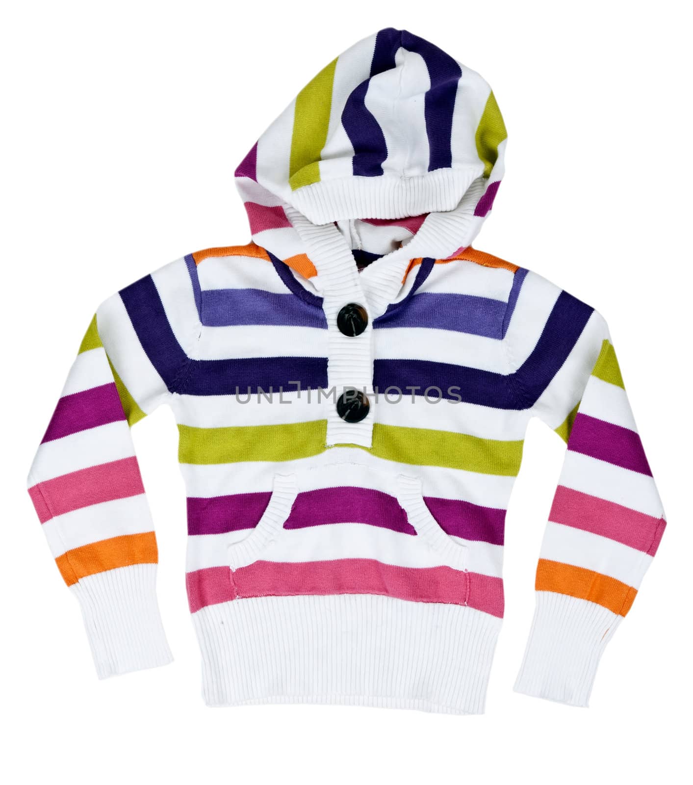 children's striped sweater with a hood on a white background