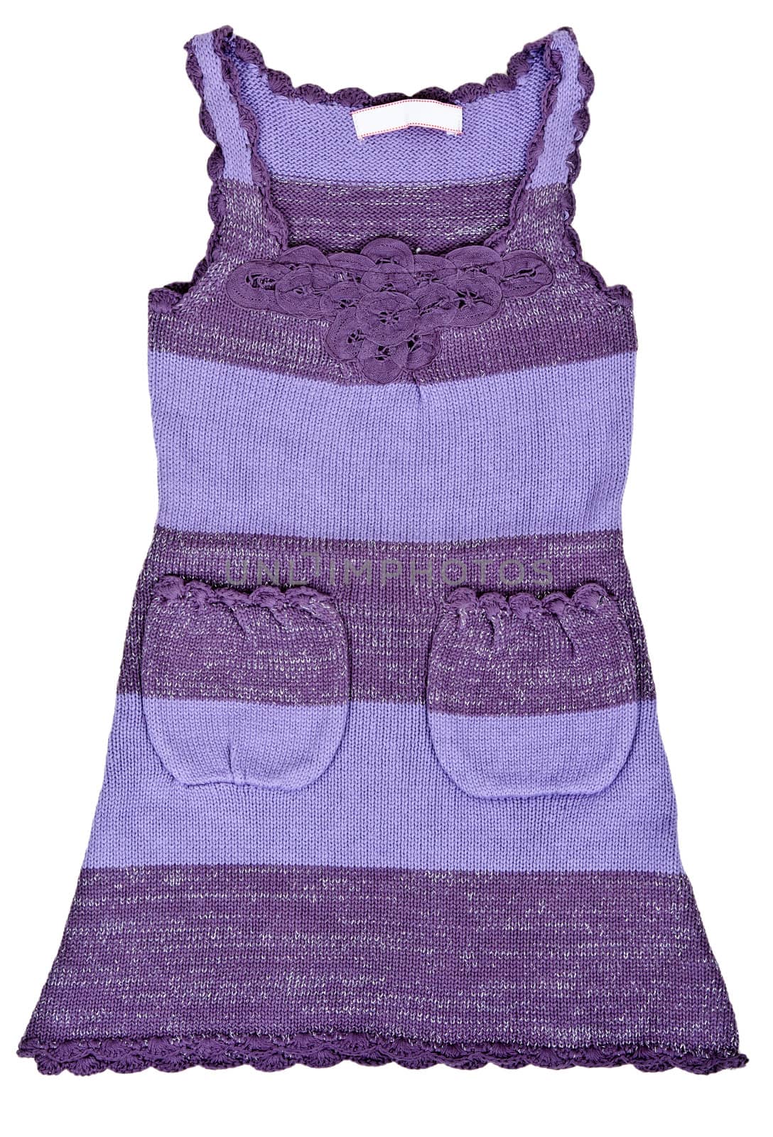purple knitted baby dress with pockets on a white background