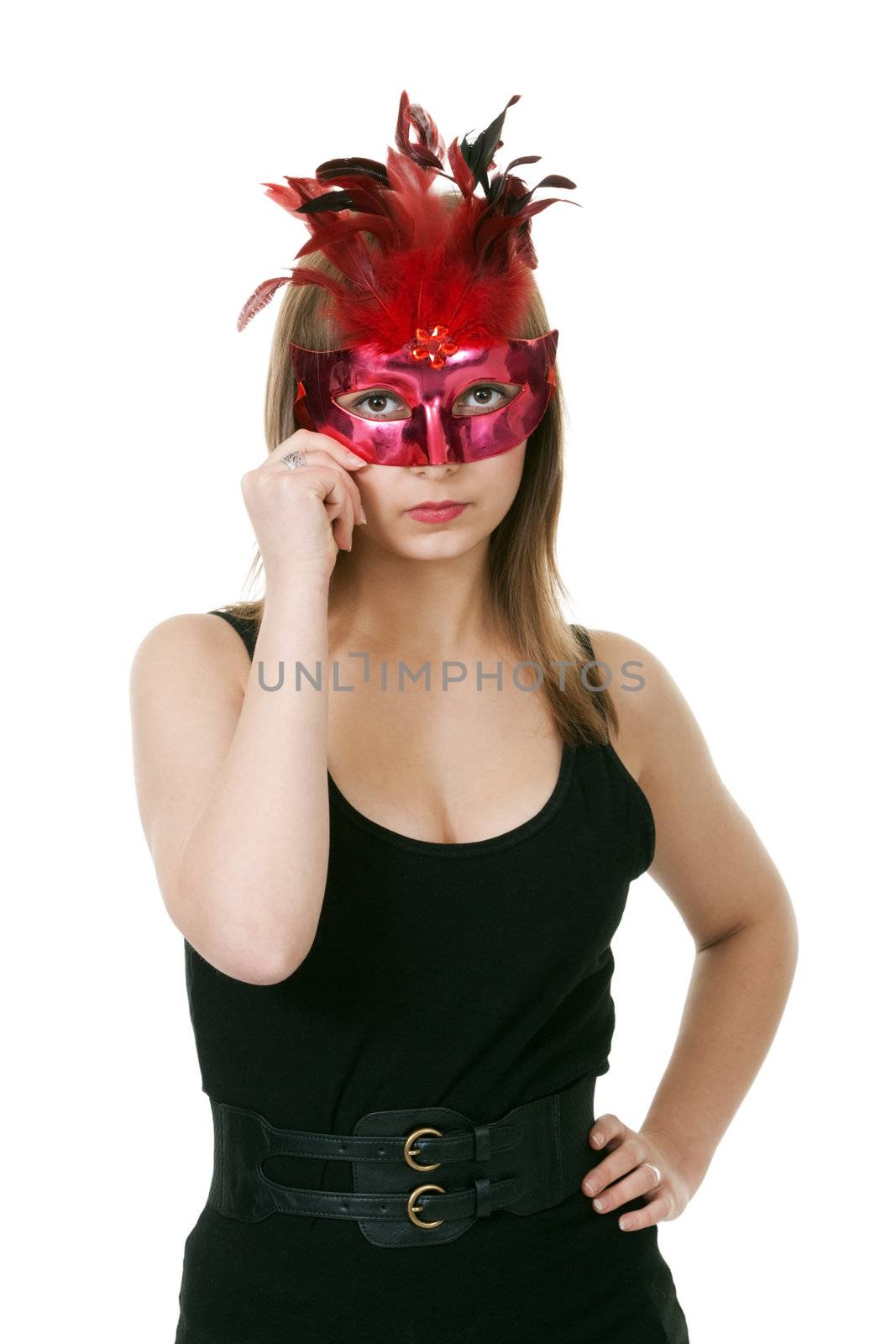 girl in the red masquerade mask on a white background