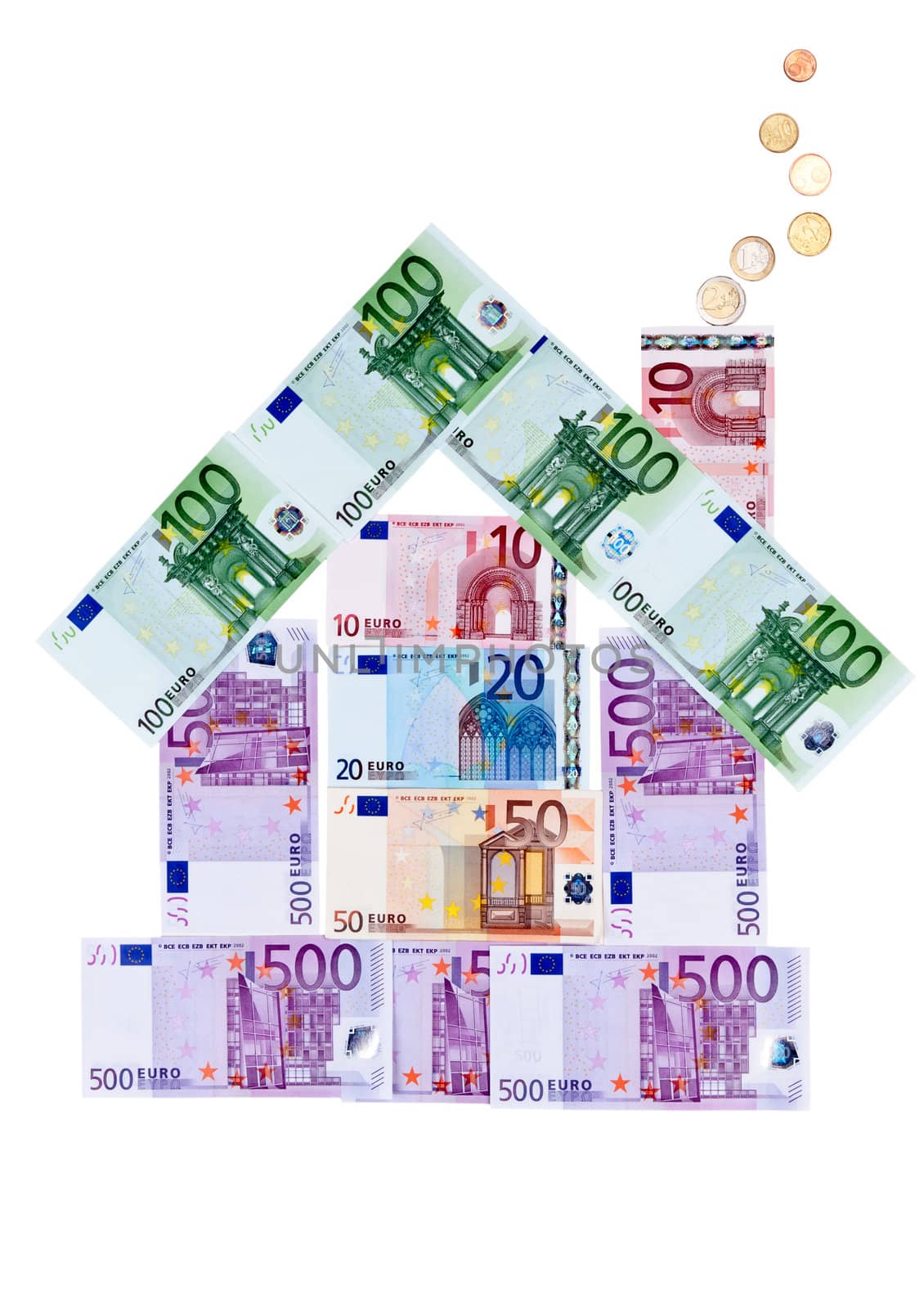 House of euro banknotes with coins in the form of smoke from a pipe lined with a white background