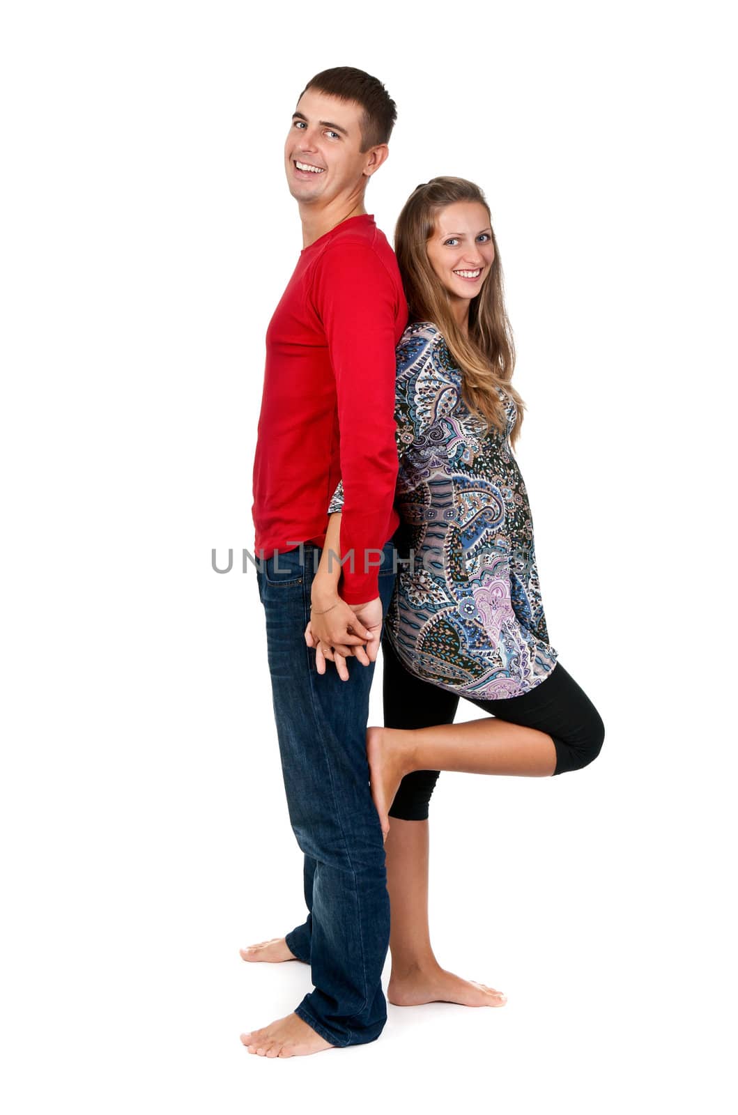 girl and a man standing on white background
