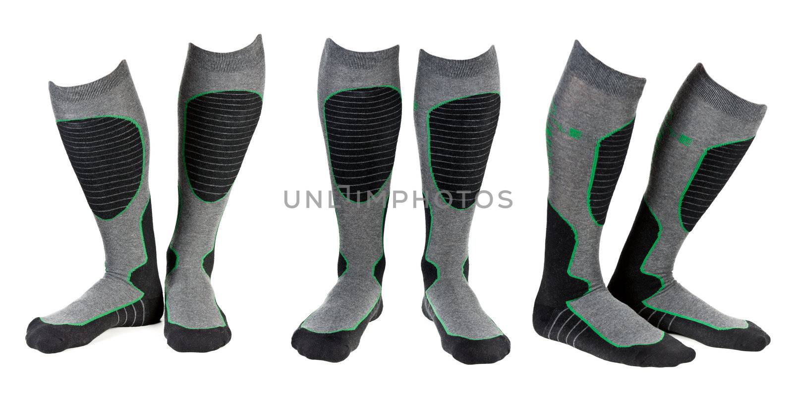 A collage of three pairs of gray ski socks. The image is composed of several images.
