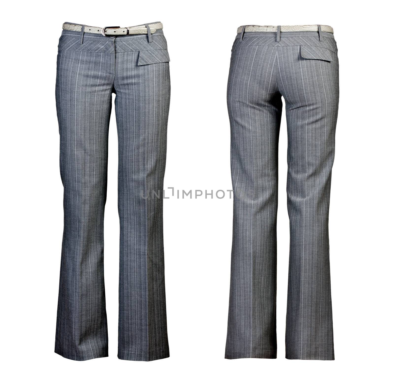 Collage of two gray women's pants isolated on a white background. The picture is composed of several images.
