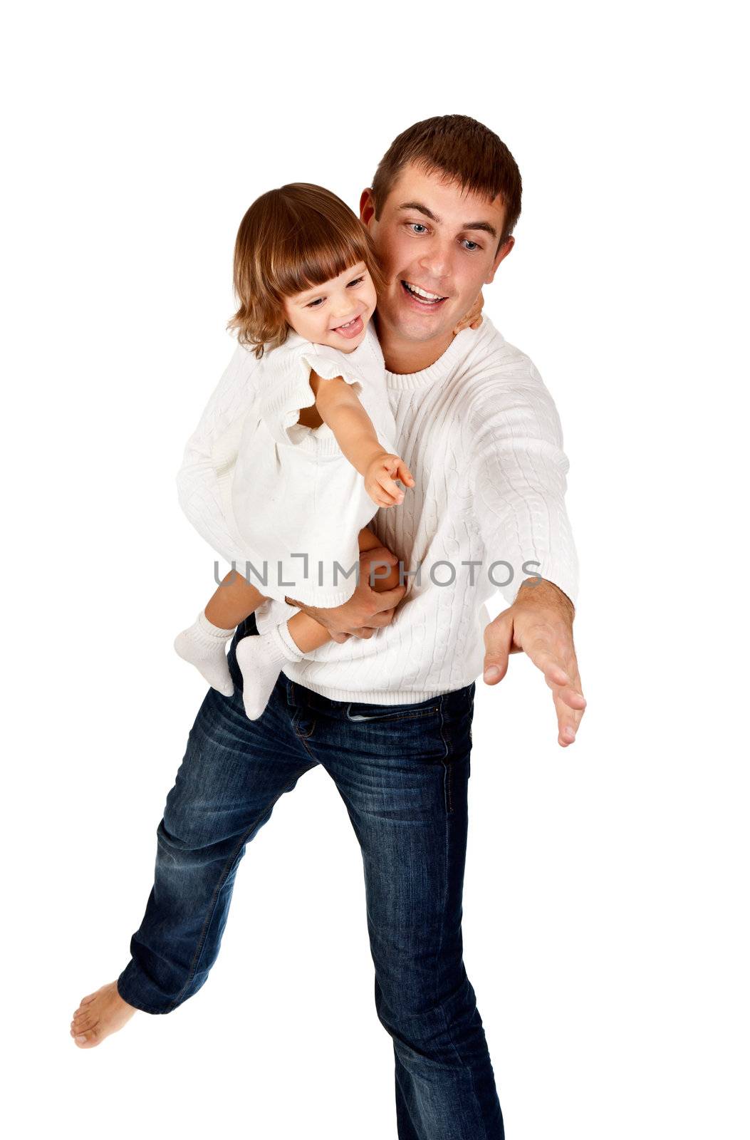 dad and daughter shown his hand in the studio on a white background