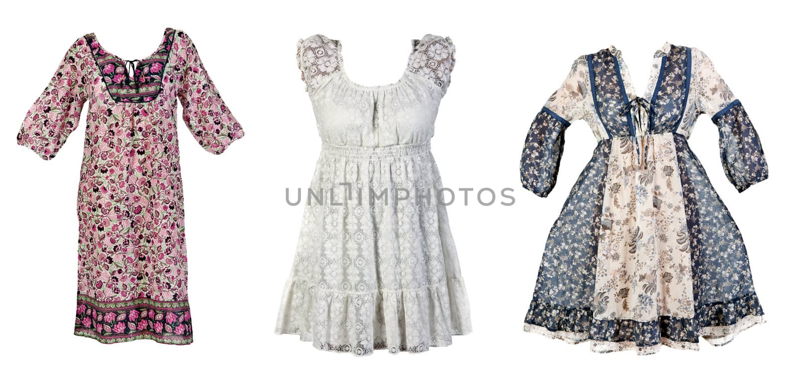 collage three colored summer dresses women on a white background. The image is composed of several photographs.