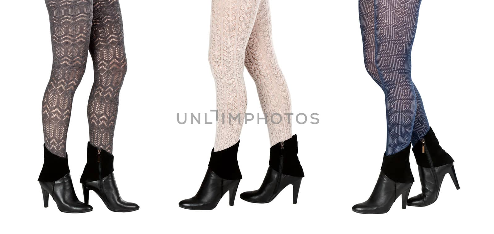 A collage made up of three pairs of female legs in pantyhose and boots isolated on a white background. The image is composed of several photographs.