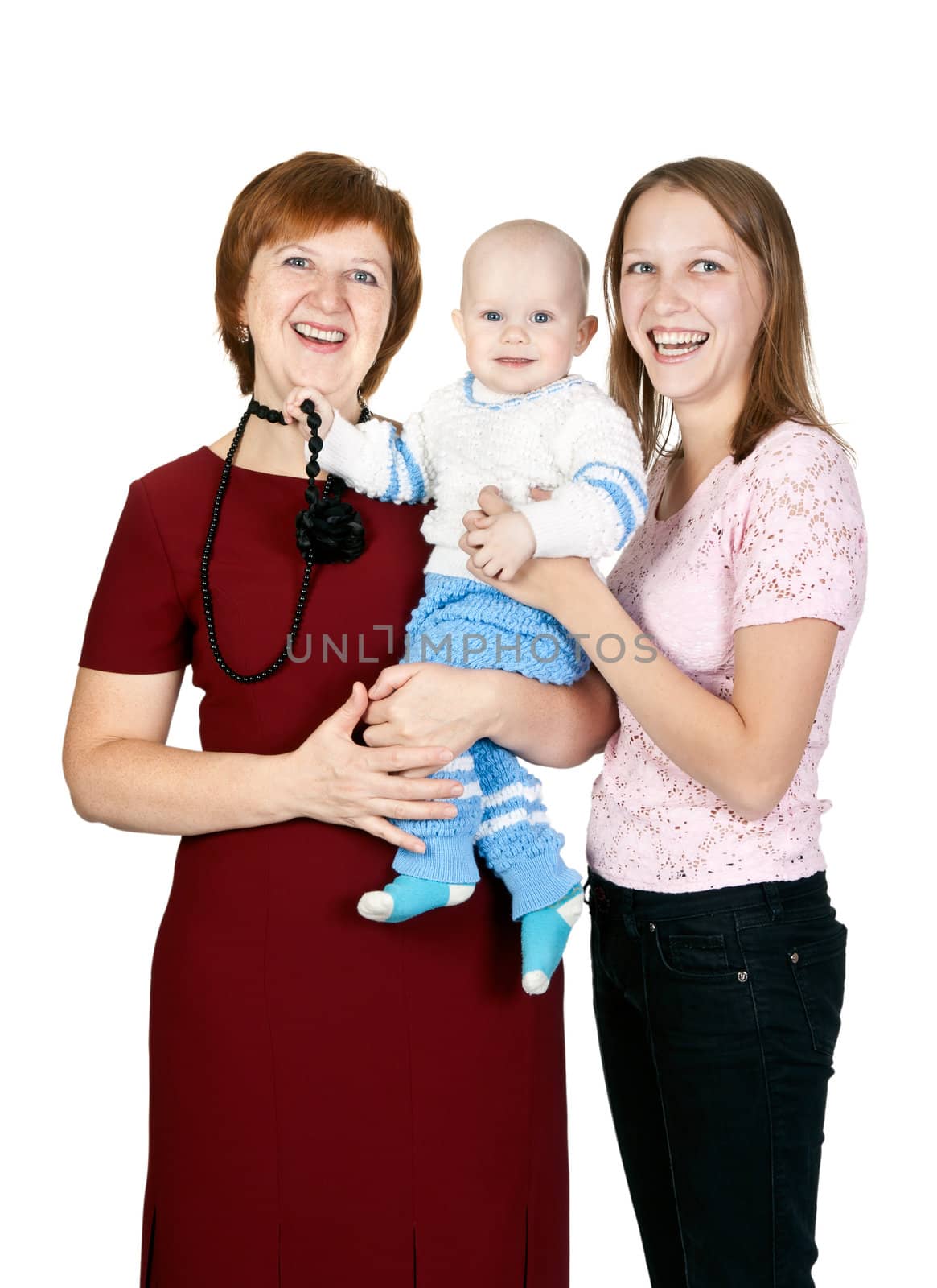 mother and grandmother with her grandson in the studio isolated on white background