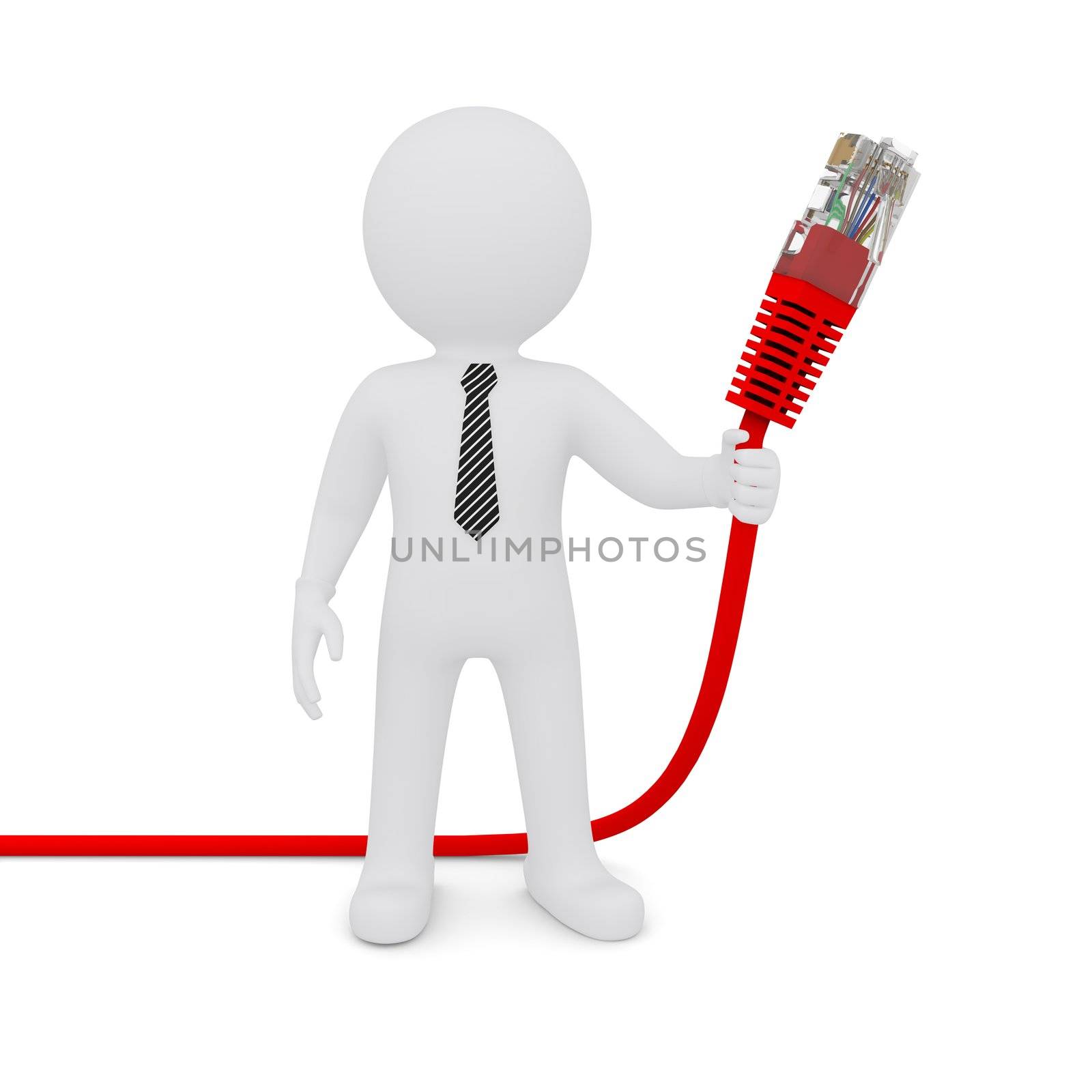 The white man holding a red network cable. Isolated on white background