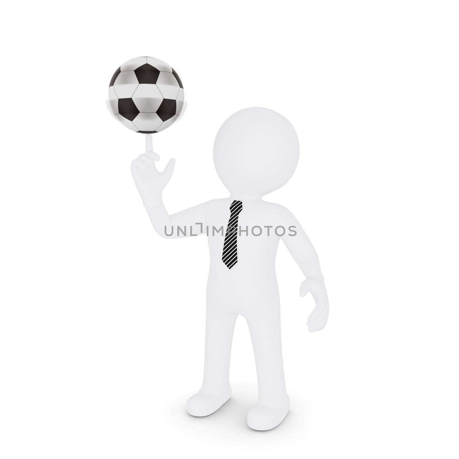 The white man turns on his finger football. Isolated on white background