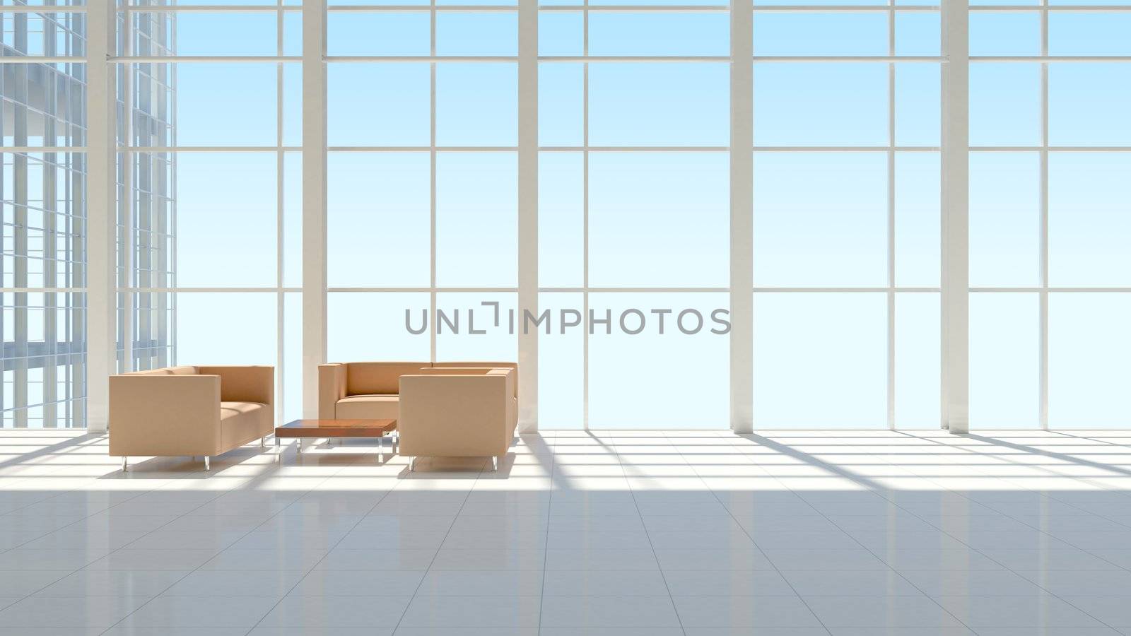 The interior of an office building. The blue sky background