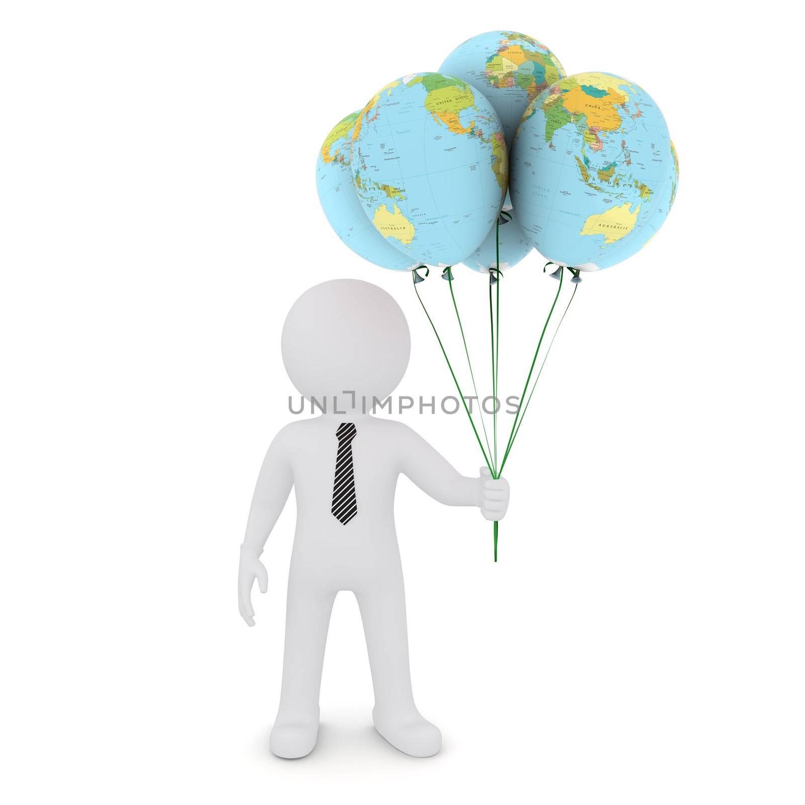 The white man is holding a balloon with a picture map of the earth. Isolated on white background