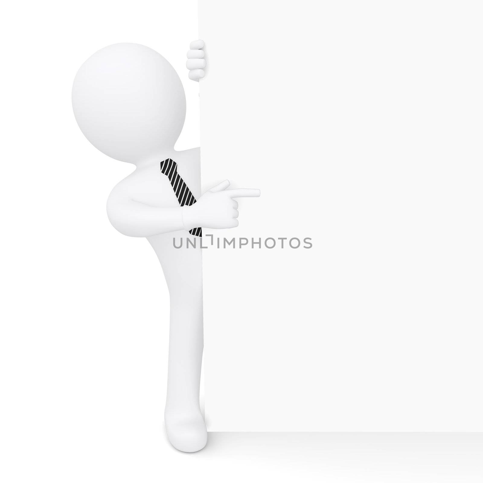 The white man looks because of the white wall and points a finger at her. Isolated on white background