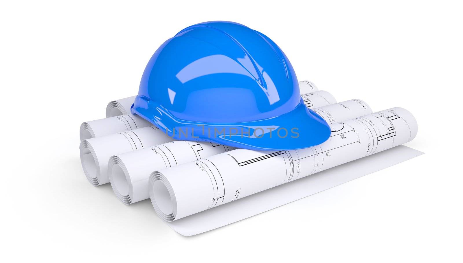 Blue helmet on the rolls of architectural drawings by cherezoff