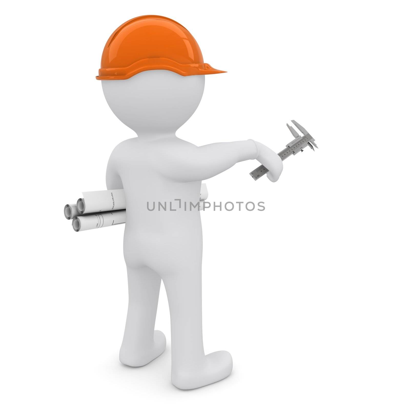 The white man in an orange helmet with the drawings indicate the forward hand. Isolated on white background