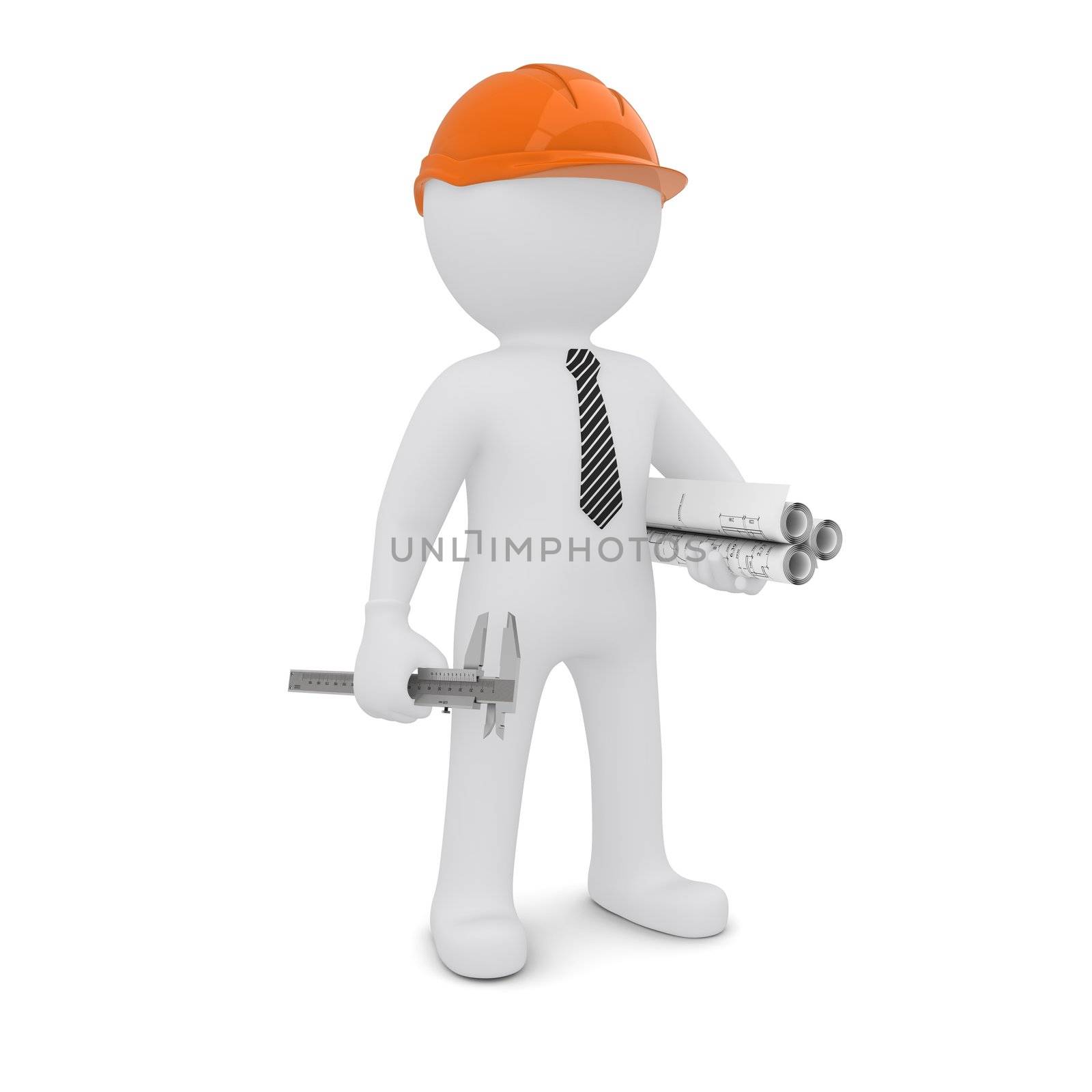 The white man in an orange helmet is a drawing and a caliper. Isolated on white background