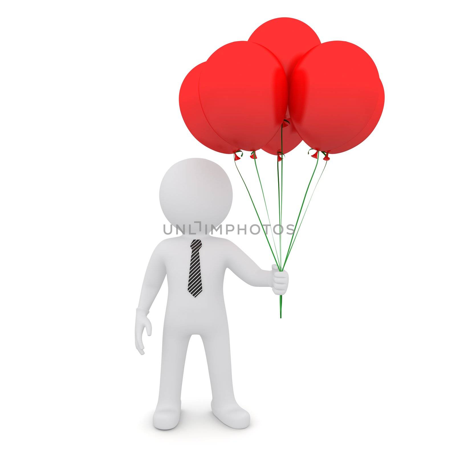 The white man is holding red balloons. Isolated on white background