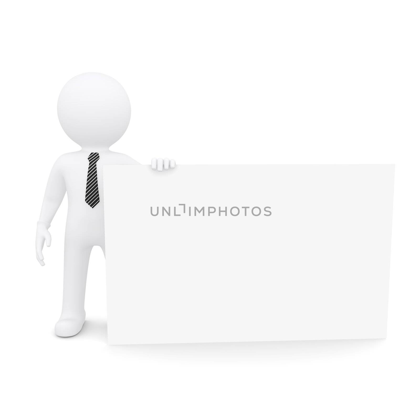 The white man holding a large white card. Isolated on white background