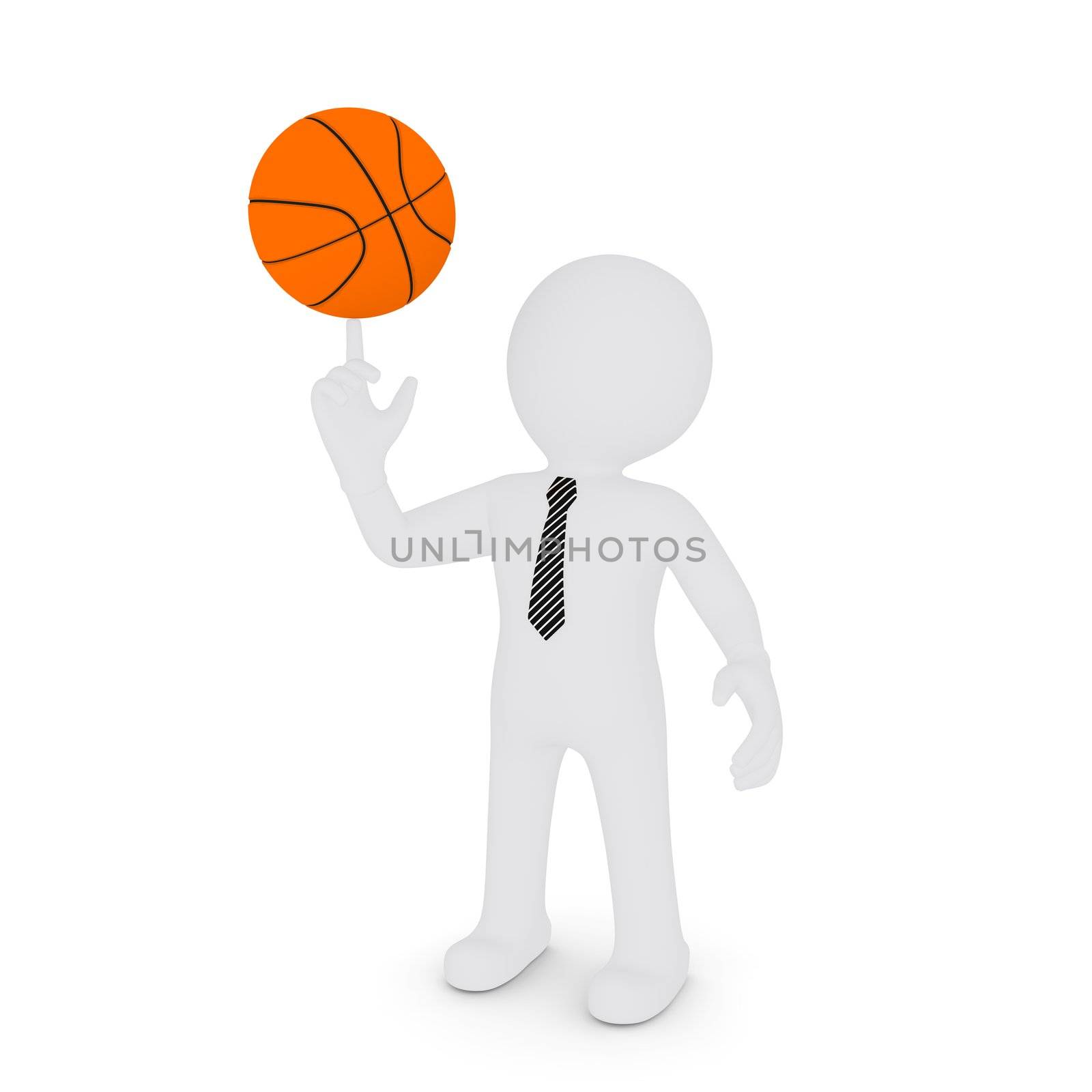 The white man keeps his finger on a basketball. Isolated on white background