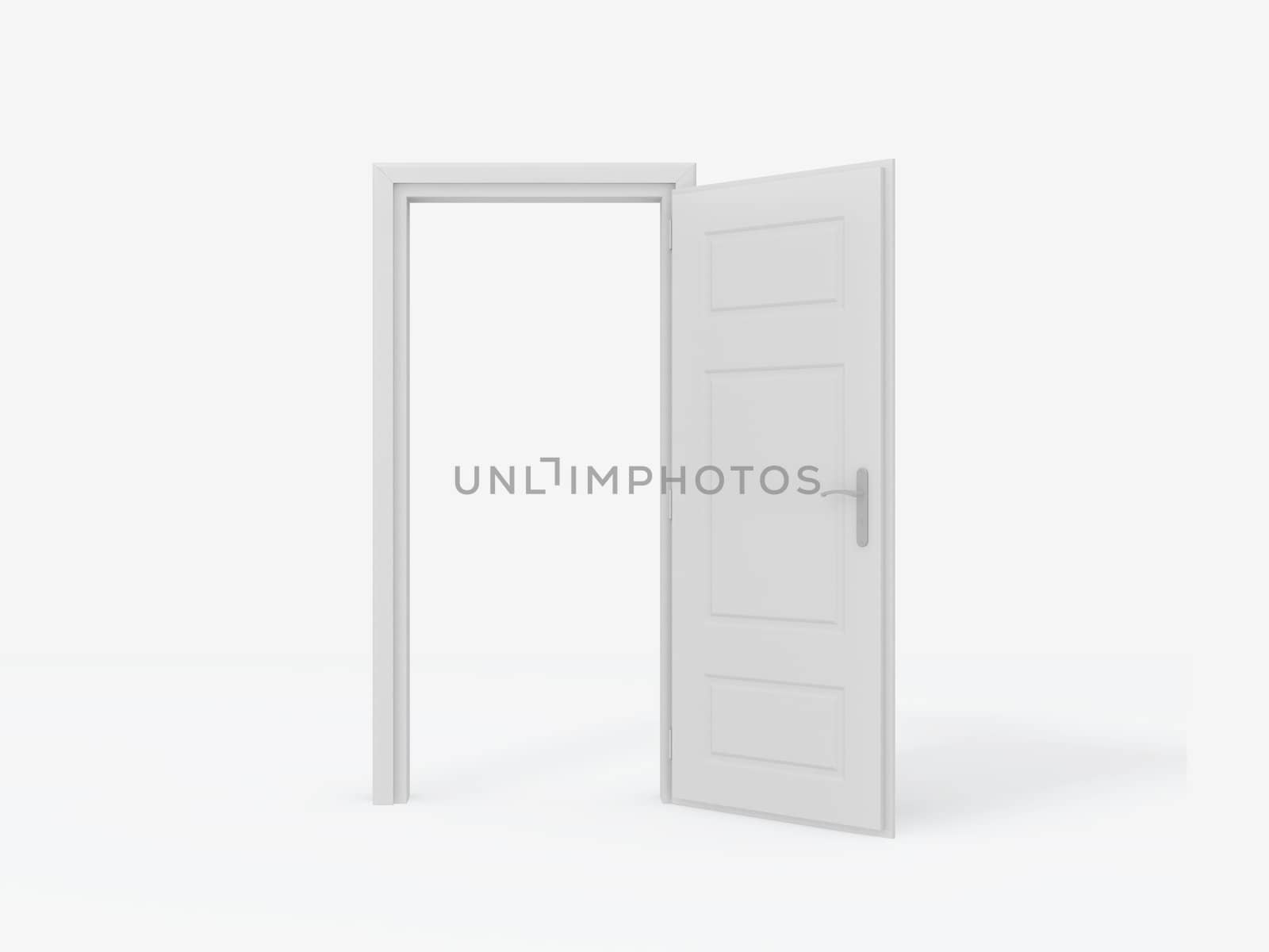 Single white opened door on white background.