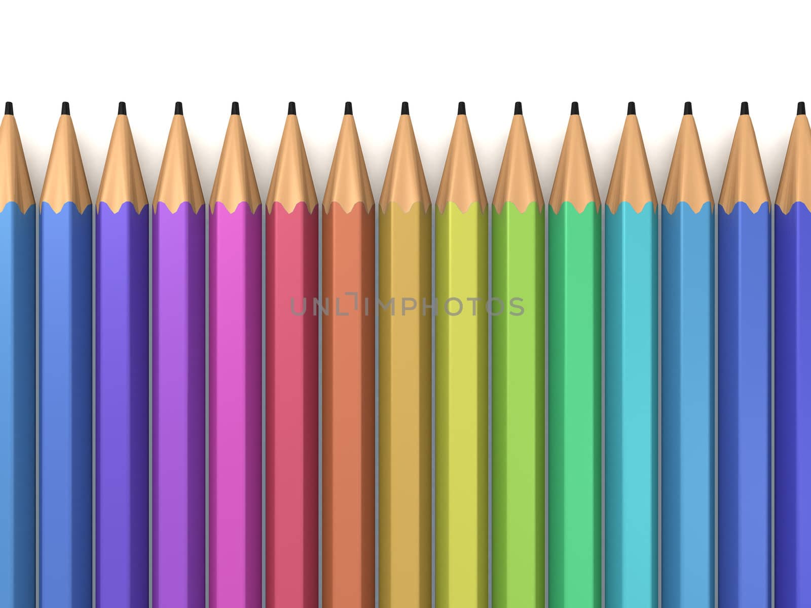 Colorful pencils in a row on white background.