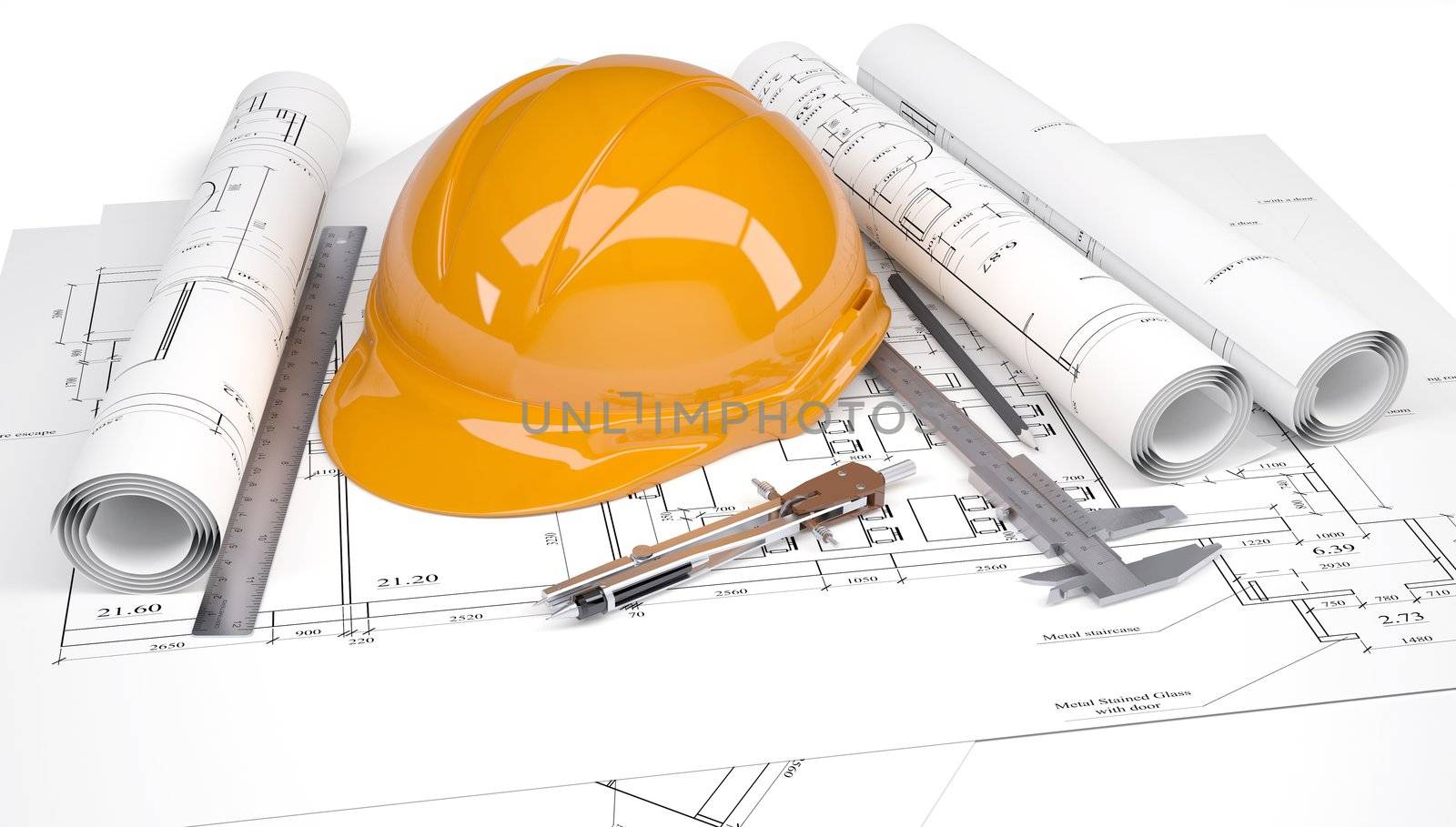 Orange construction helmet on the architectural drawings with engineering tools