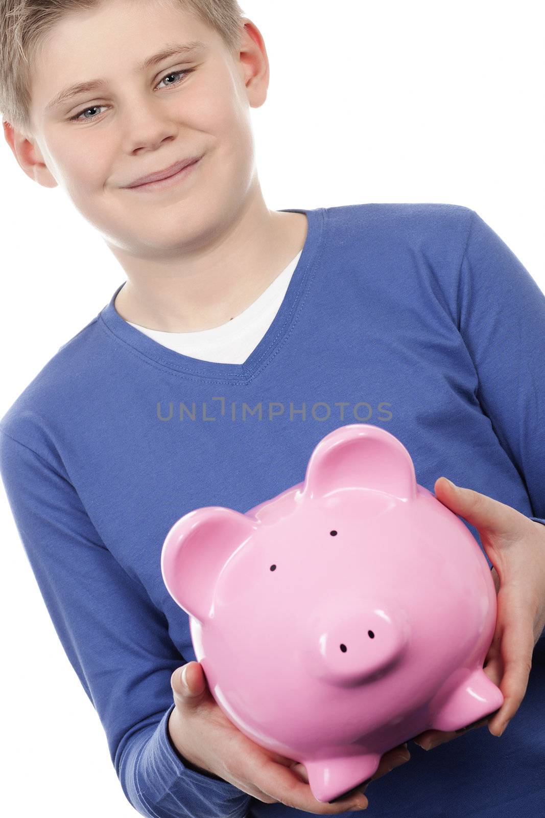 boy with pink piggybank on white background