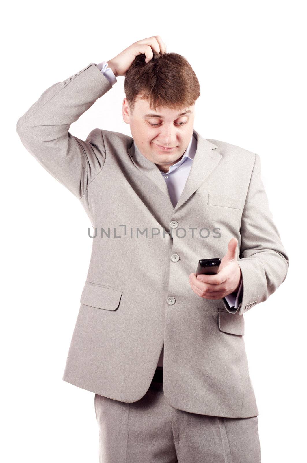 Man with remote control on a white background