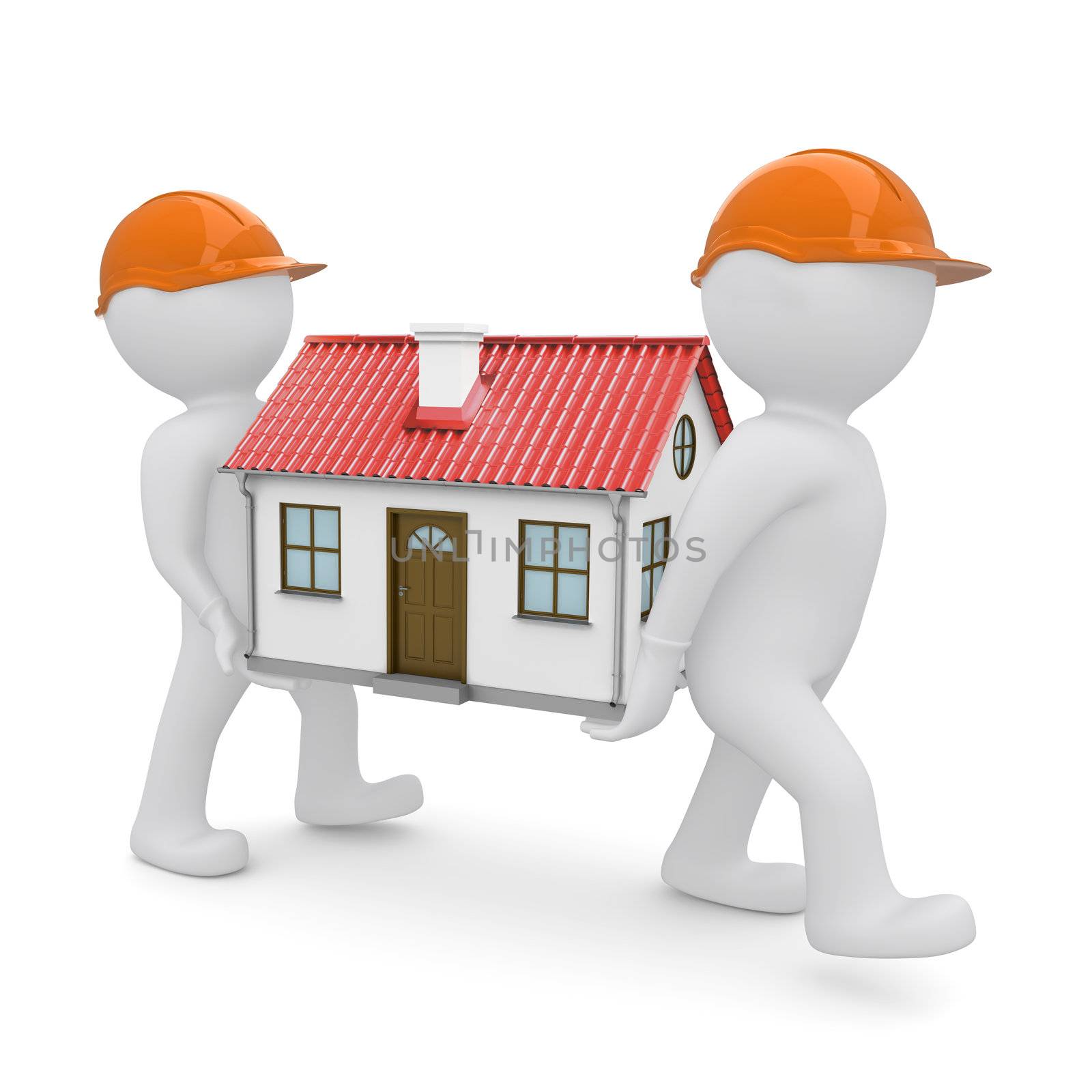 Two workers in orange hard hats have a house with red roof. Isolated on white background