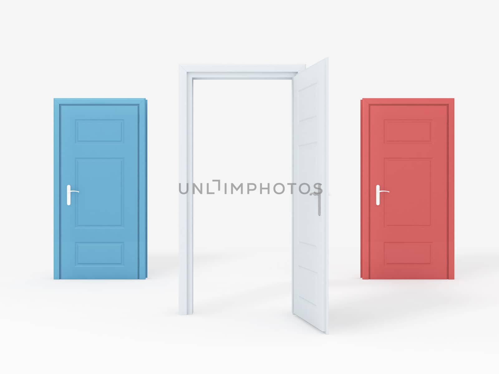 White door opened, blue, red  doors closed on white.