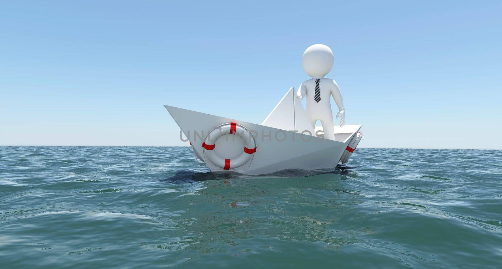 The white man is swimming in the sea on a white paper boat. The blue sky background