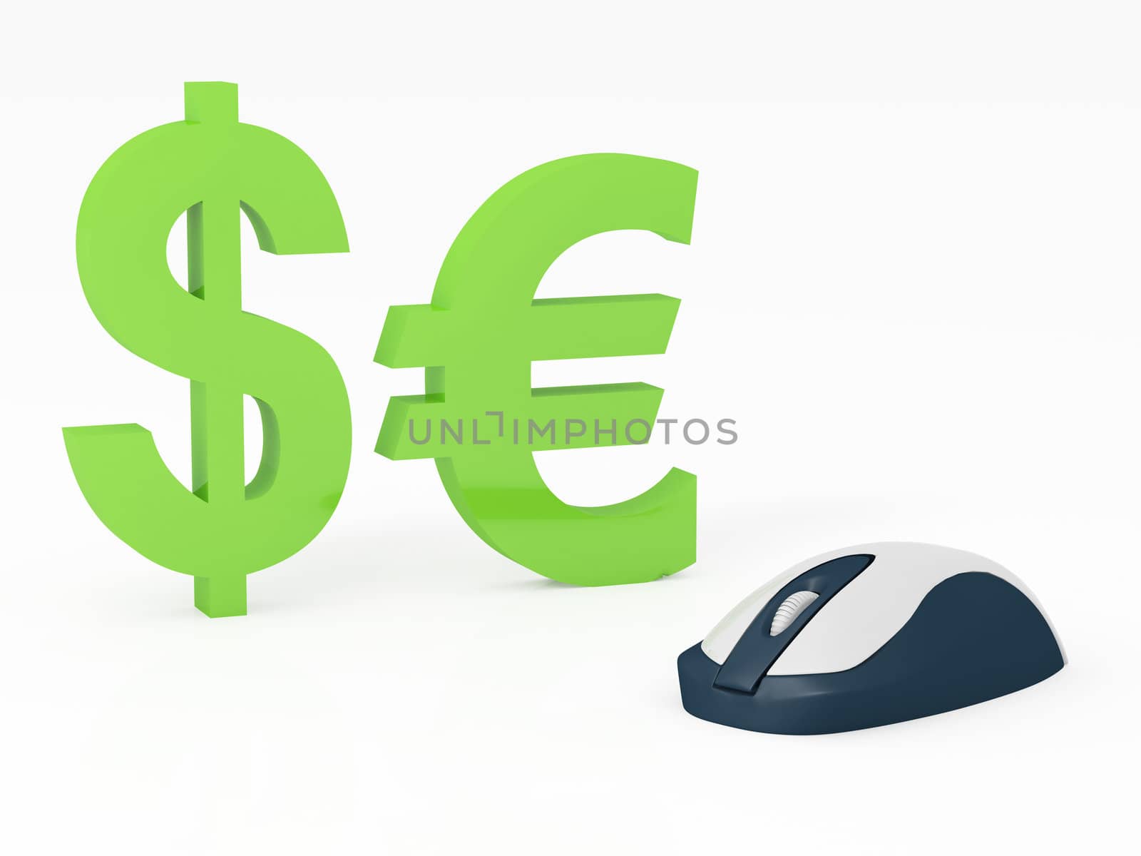 Finance concept, mouse, dollar and euro signs on white background.