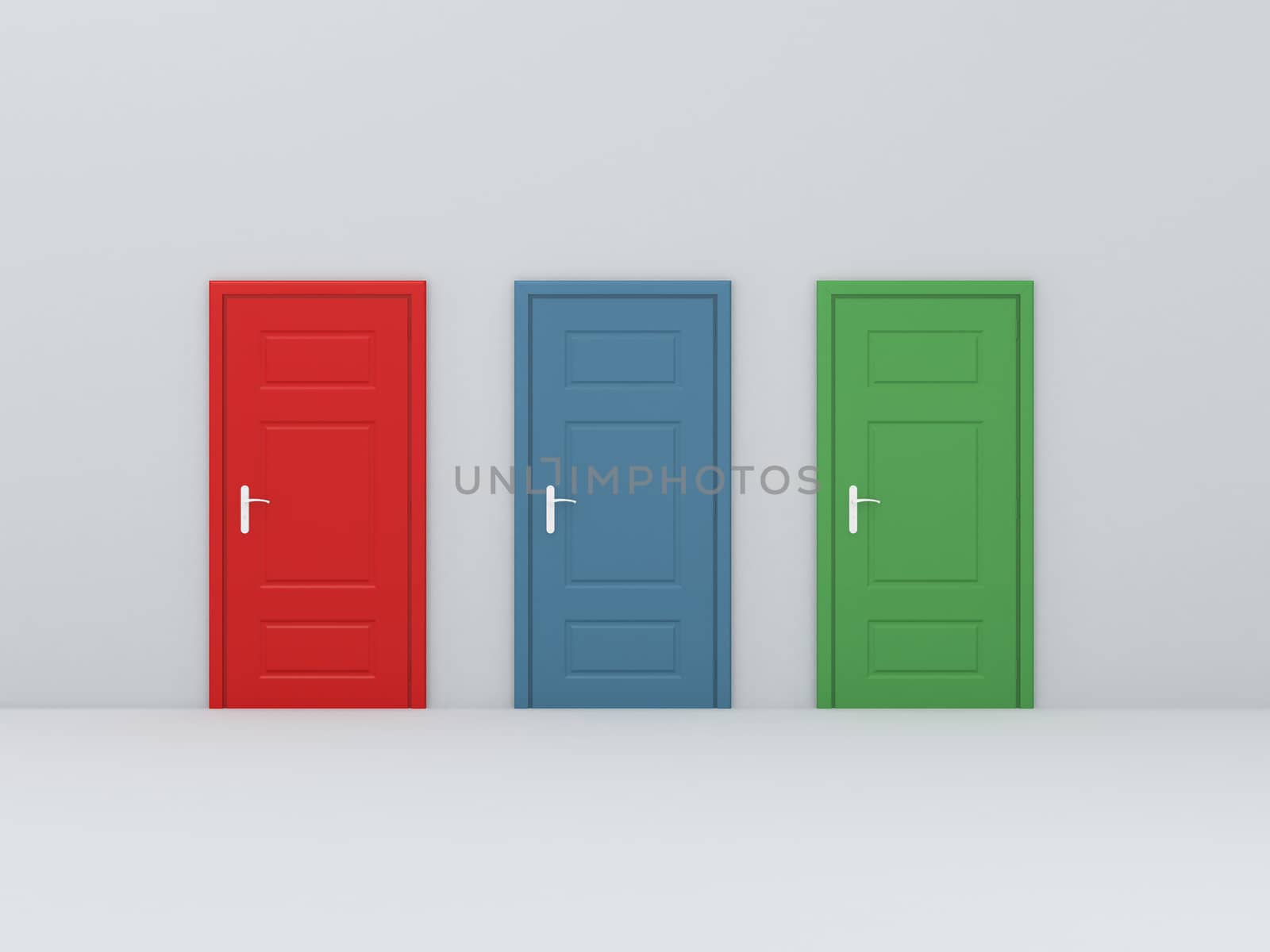 Rendered closed colorful doors in white wall.