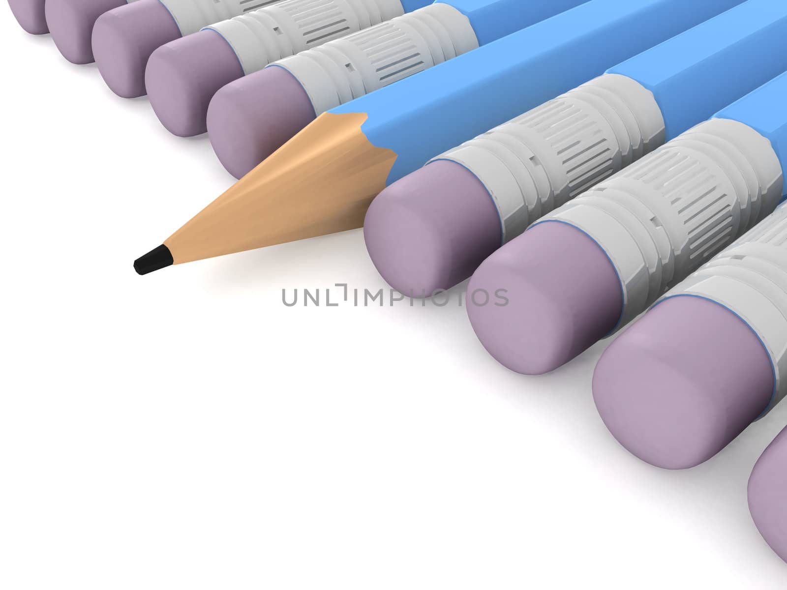 Blue pencil is different from others on white background.