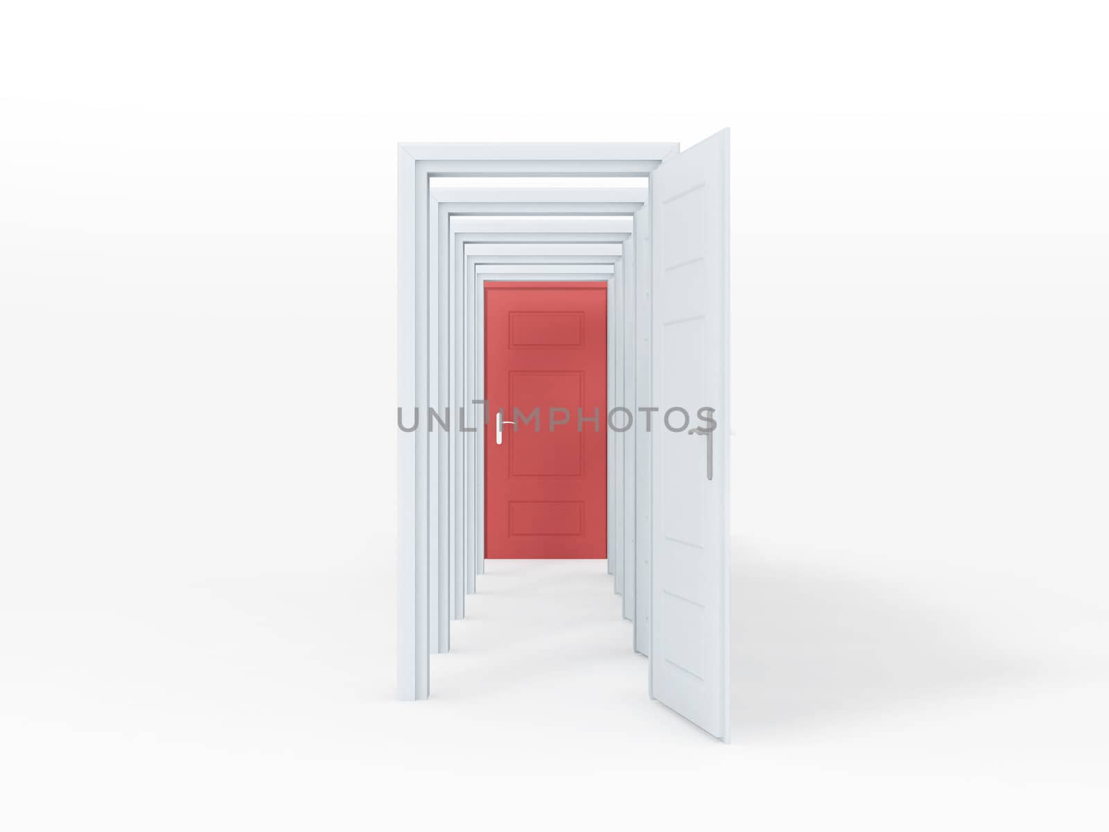 Multiple white opened doors with red door at last on white background.