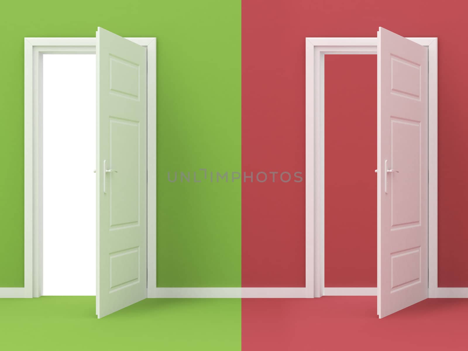 Two rendered doors, green one is open, red one is closed.