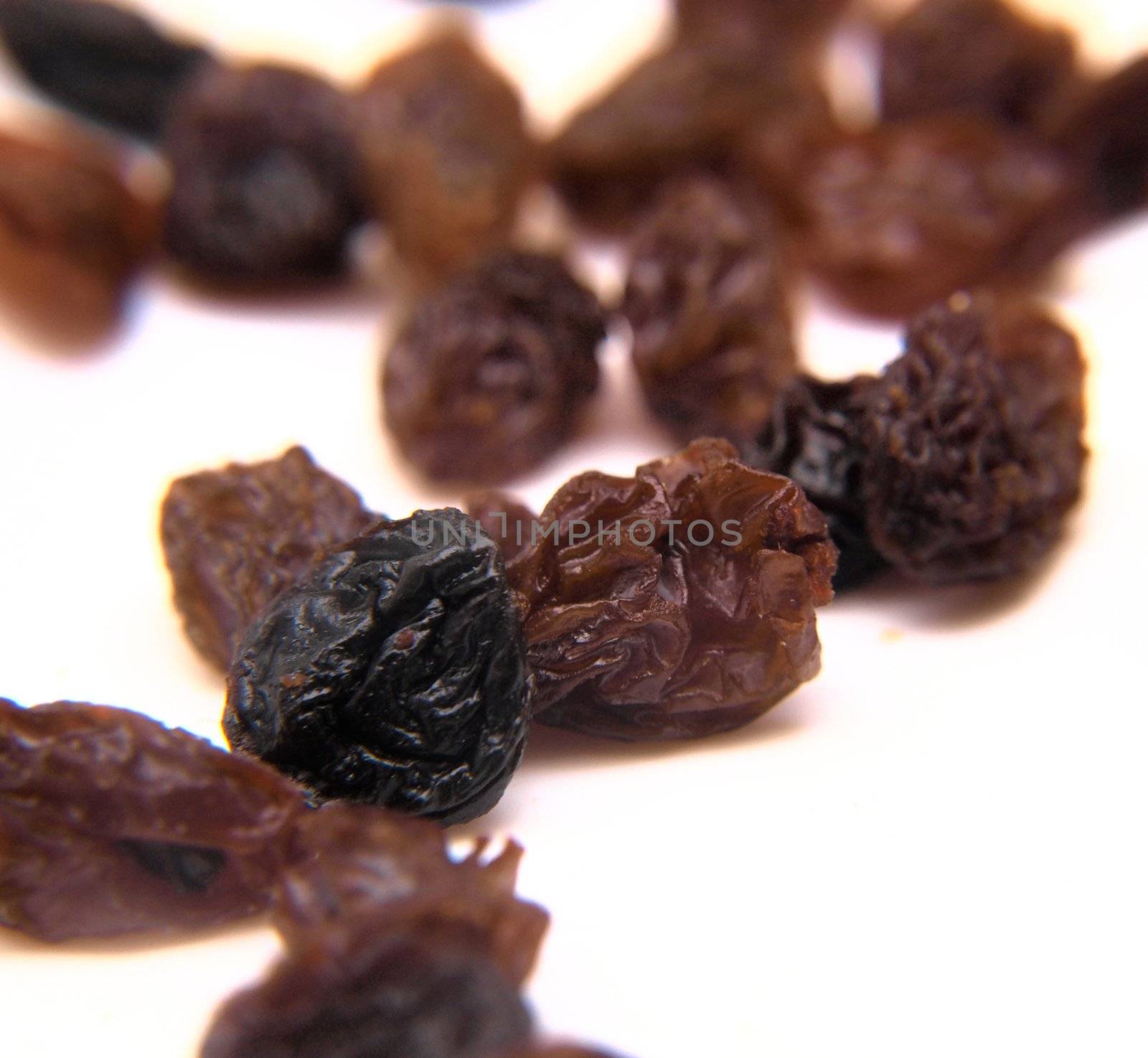 Macro of raisins isolated towards white background by Arvebettum