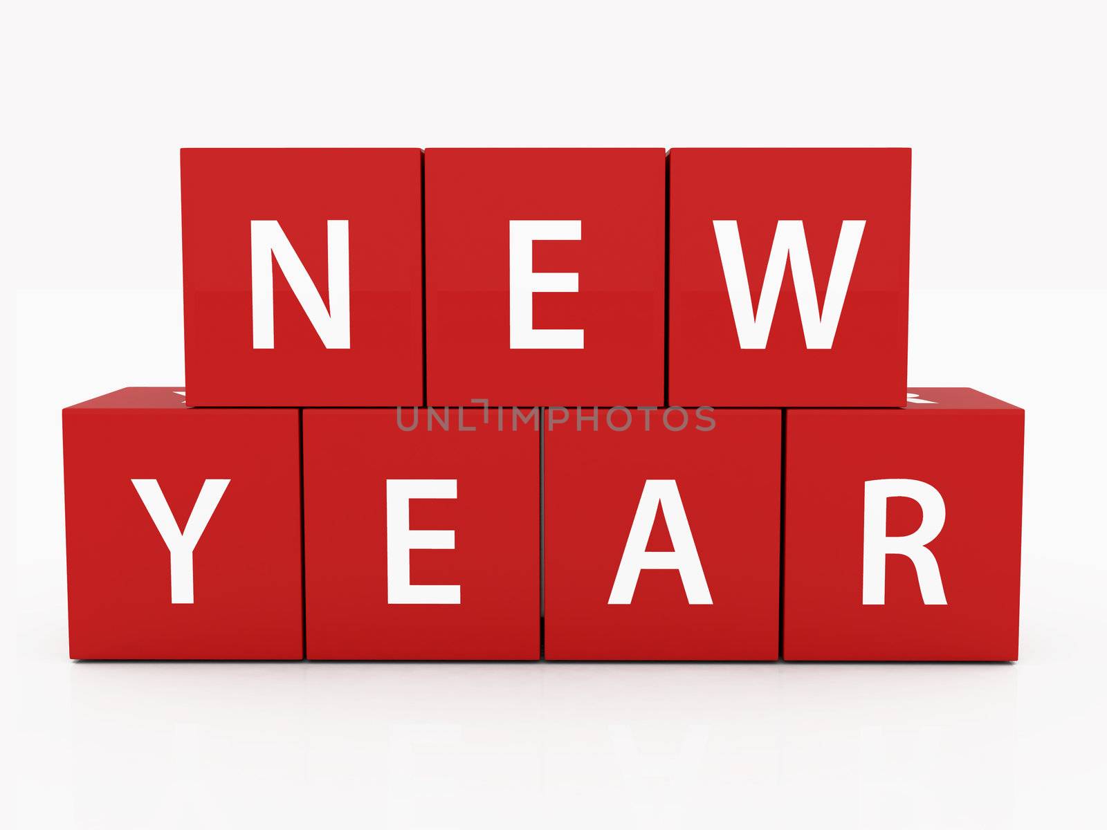 New year concept, red three dimensional cubes / blocks on white background.